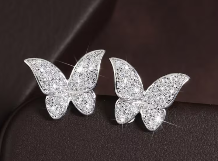 Pave Crystal Studded Butterfly Stud Earrings, Silver and Gold
