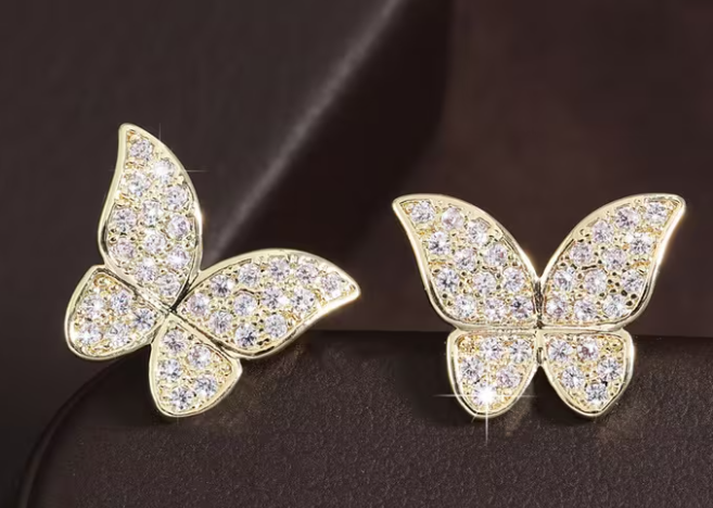 Pave Crystal Studded Butterfly Stud Earrings, Silver and Gold