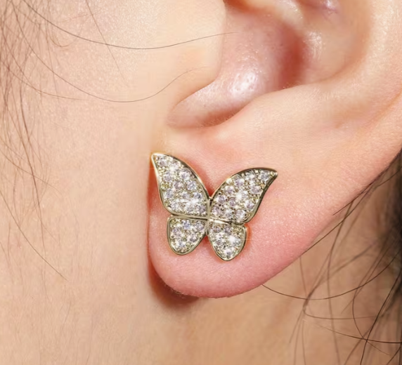Pave Crystal Studded Butterfly Stud Earrings, Silver and Gold