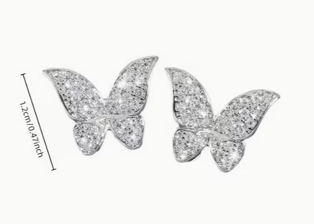 Pave Crystal Studded Butterfly Stud Earrings, Silver and Gold