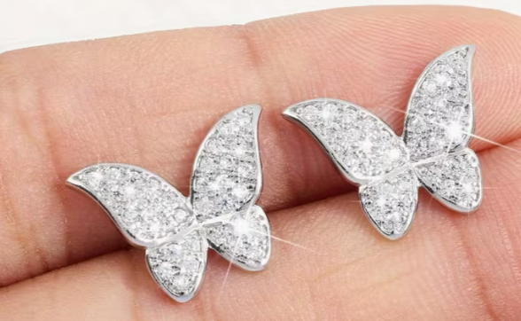 Pave Crystal Studded Butterfly Stud Earrings, Silver and Gold