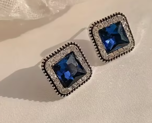 Vintage Sapphire Blue Square Crystal Halo Stud Earrings