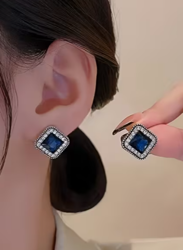 Vintage Sapphire Blue Square Crystal Halo Stud Earrings