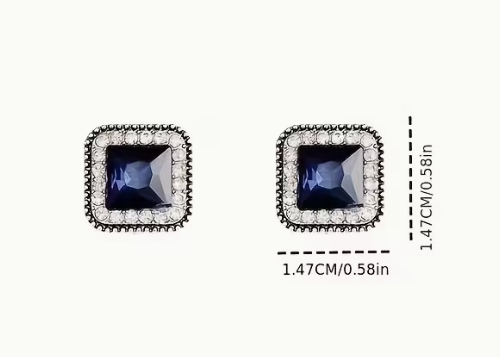 Vintage Sapphire Blue Square Crystal Halo Stud Earrings