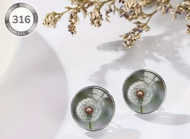 Dandelion Glass Dome Stud Earrings, 316 Stainless Steel