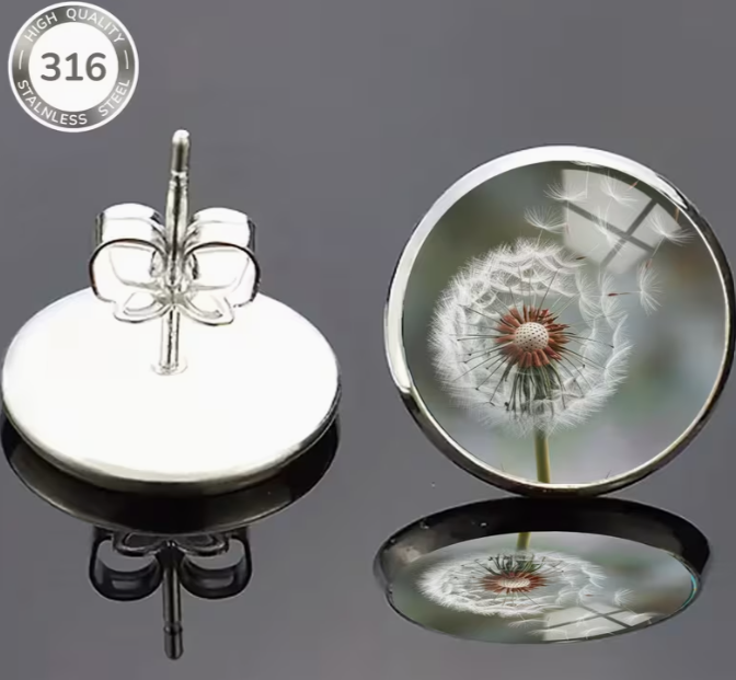 Dandelion Glass Dome Stud Earrings, 316 Stainless Steel
