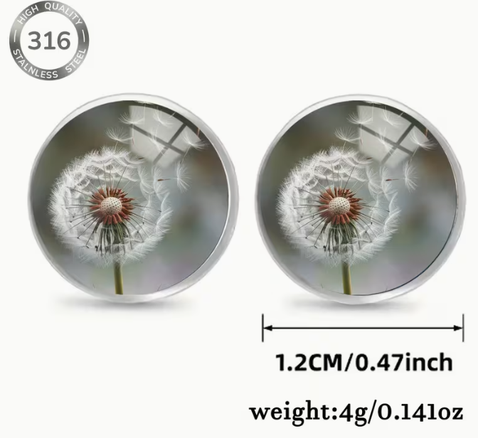 Dandelion Glass Dome Stud Earrings, 316 Stainless Steel