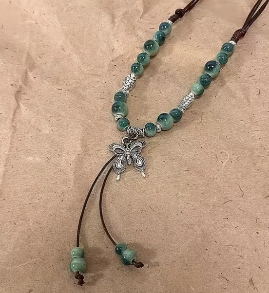 Boho Green Ceramic Bead Butterfly Necklace, Adjustable Cord