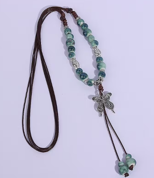 Boho Green Ceramic Bead Butterfly Necklace, Adjustable Cord