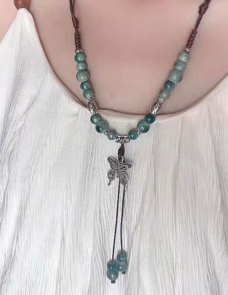Boho Green Ceramic Bead Butterfly Necklace, Adjustable Cord