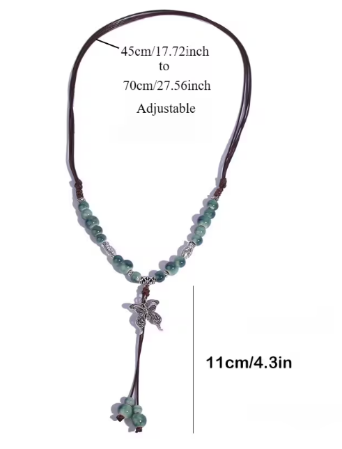 Boho Green Ceramic Bead Butterfly Necklace, Adjustable Cord