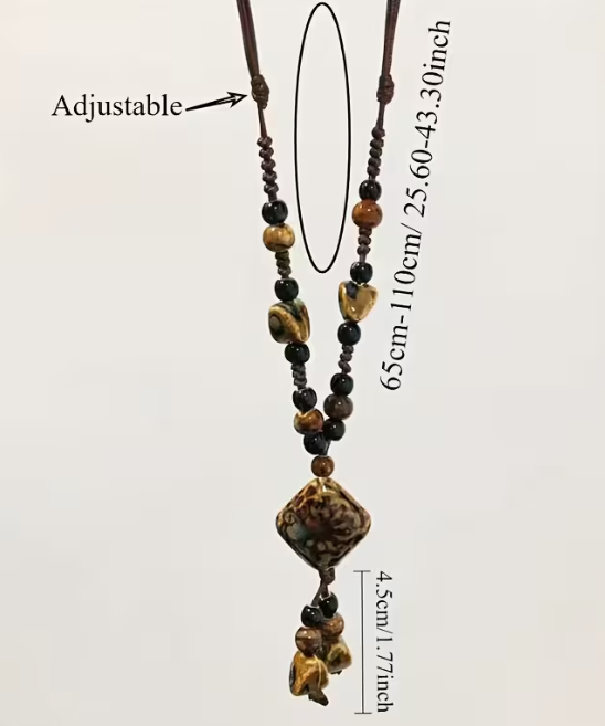 Hand-Painted Ceramic Mandala Lariat Necklace, Adjustable Brown Cord