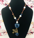 Blue Ceramic Heart Pendant Necklace with Bronze Leaf Charm, Long Adjustable Cord