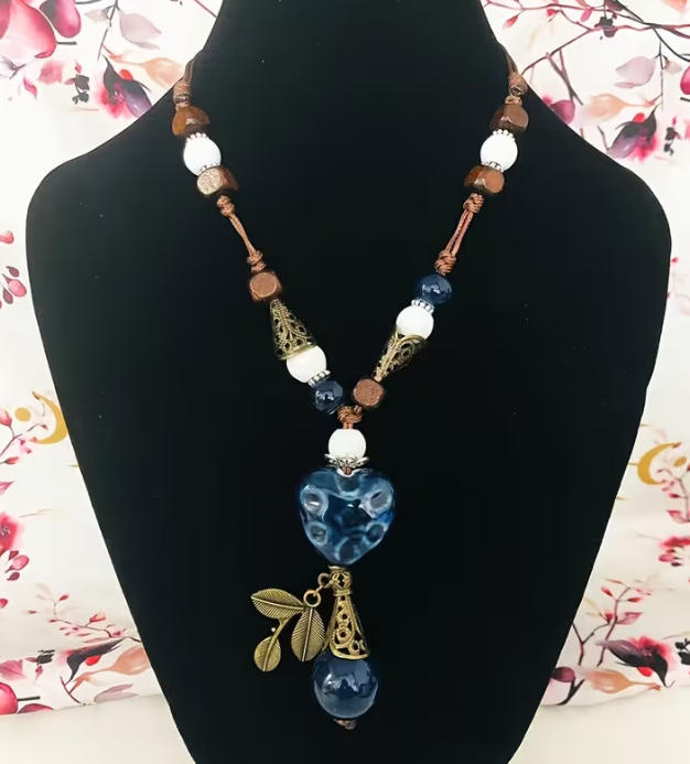 Blue Ceramic Heart Pendant Necklace with Bronze Leaf Charm, Long Adjustable Cord