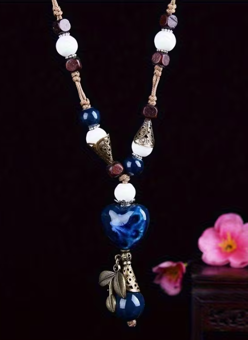 Blue Ceramic Heart Pendant Necklace with Bronze Leaf Charm, Long Adjustable Cord