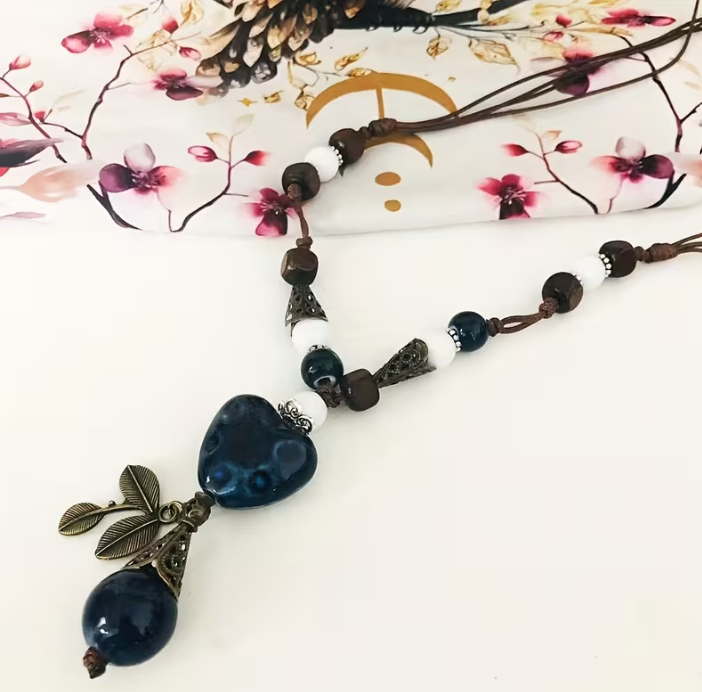 Blue Ceramic Heart Pendant Necklace with Bronze Leaf Charm, Long Adjustable Cord