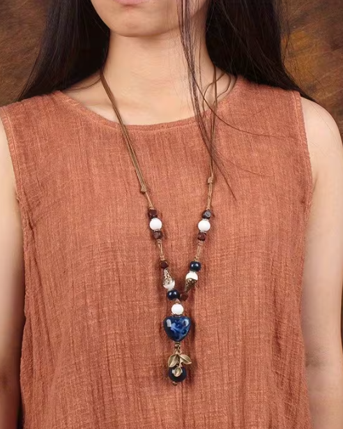 Blue Ceramic Heart Pendant Necklace with Bronze Leaf Charm, Long Adjustable Cord
