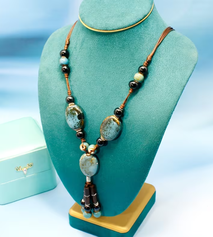 Turquoise Ceramic Stone Bead Necklace with Tassel Drop, Brown Cord