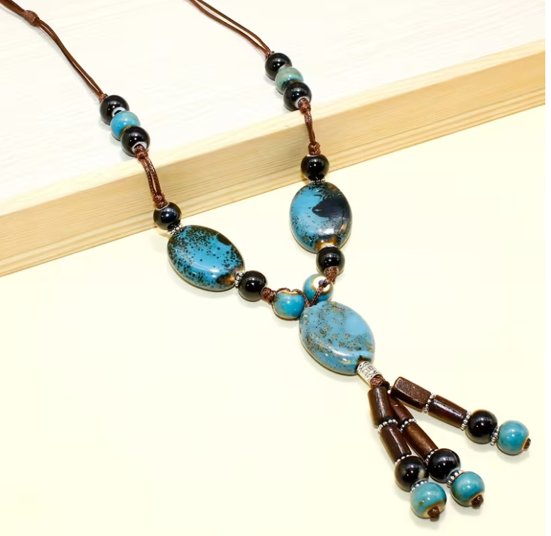 Turquoise Ceramic Stone Bead Necklace with Tassel Drop, Brown Cord