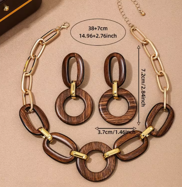 Bold Retro Wood-Grain Resin Necklace and Earring Set, Gold Accents