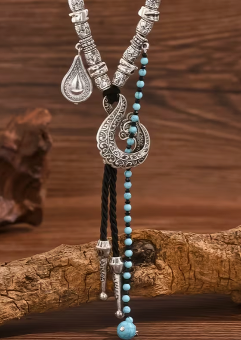 Western Boho Bolo Necklace with Paisley Pendant and Turquoise Beads