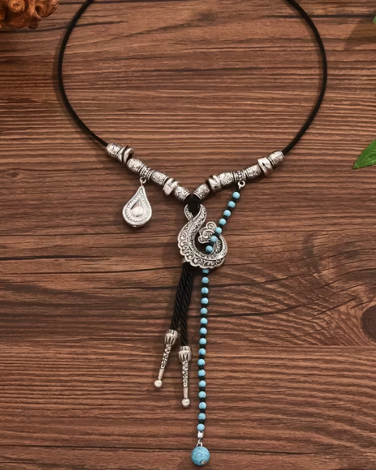Western Boho Bolo Necklace with Paisley Pendant and Turquoise Beads