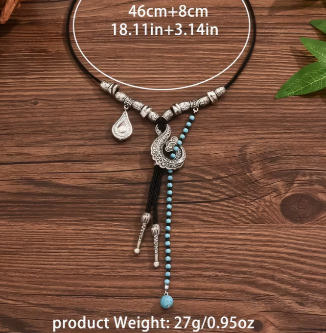 Western Boho Bolo Necklace with Paisley Pendant and Turquoise Beads