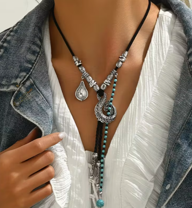 Western Boho Bolo Necklace with Paisley Pendant and Turquoise Beads
