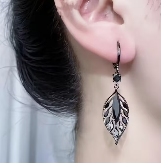 Black Crystal Leaf Drop Earrings with 925 Sterling Silver Ear Needles