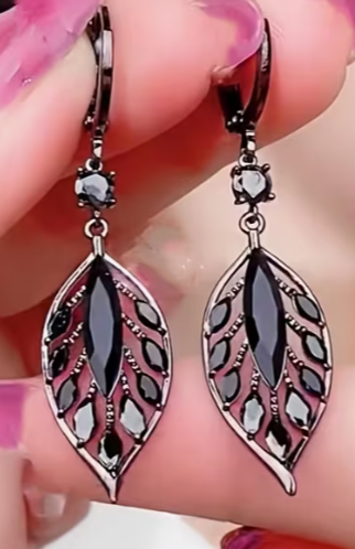 Black Crystal Leaf Drop Earrings with 925 Sterling Silver Ear Needles