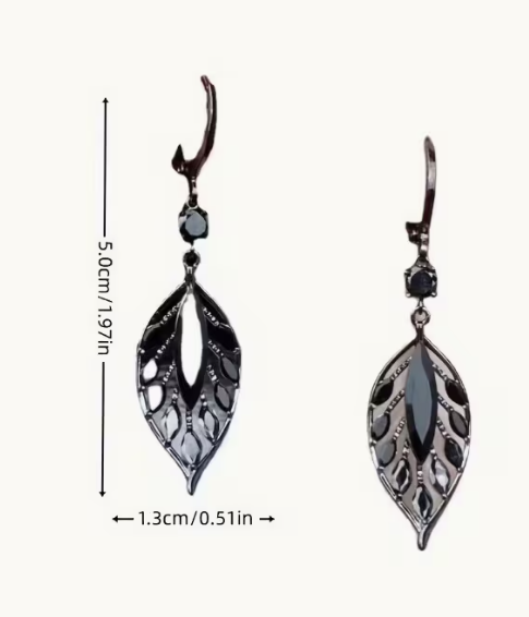 Black Crystal Leaf Drop Earrings with 925 Sterling Silver Ear Needles
