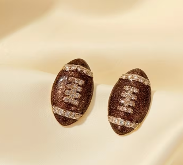 Rhinestone Football Stud Earrings, Glitter Game Day Bling
