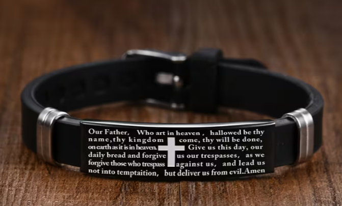 Men's Scripture Bracelet, Stainless Steel Cross Plate on Black Silicone Band