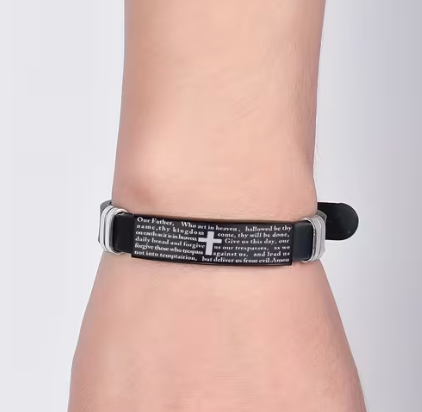 Men's Scripture Bracelet, Stainless Steel Cross Plate on Black Silicone Band