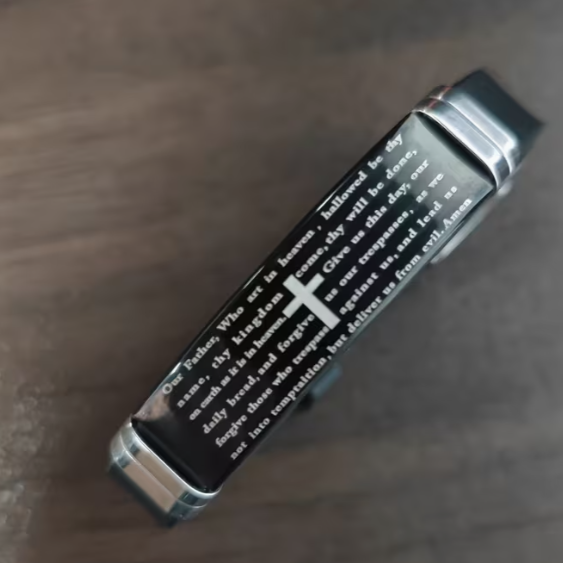 Men's Scripture Bracelet, Stainless Steel Cross Plate on Black Silicone Band