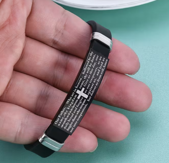 Men's Scripture Bracelet, Stainless Steel Cross Plate on Black Silicone Band