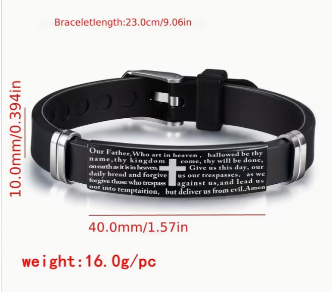 Men's Scripture Bracelet, Stainless Steel Cross Plate on Black Silicone Band