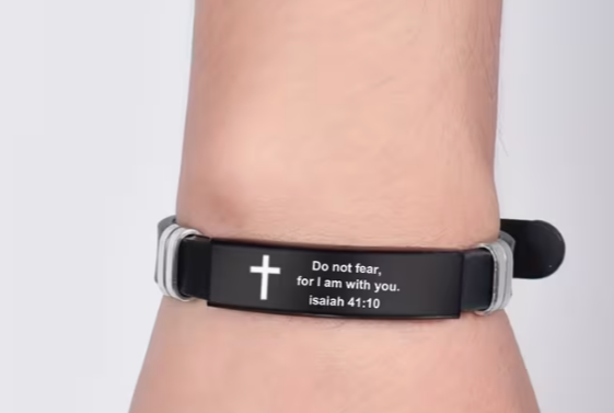 Men's Scripture Bracelet, Stainless Steel Cross Plate on Black Silicone Band