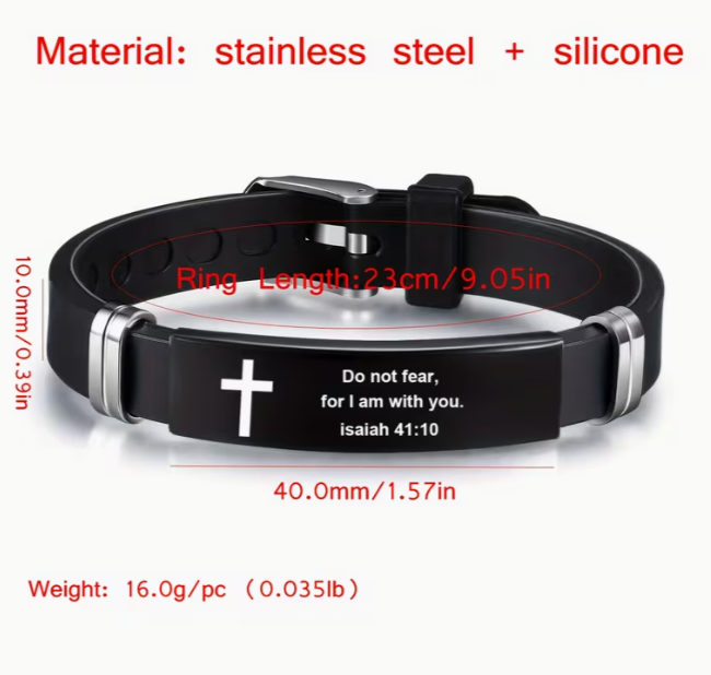 Men's Scripture Bracelet, Stainless Steel Cross Plate on Black Silicone Band
