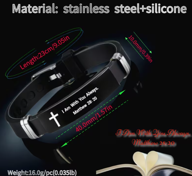 Men's Scripture Bracelet, Stainless Steel Cross Plate on Black Silicone Band