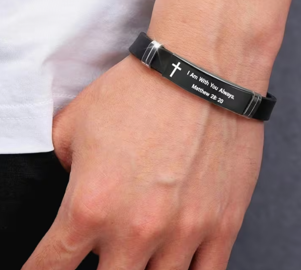 Men's Scripture Bracelet, Stainless Steel Cross Plate on Black Silicone Band