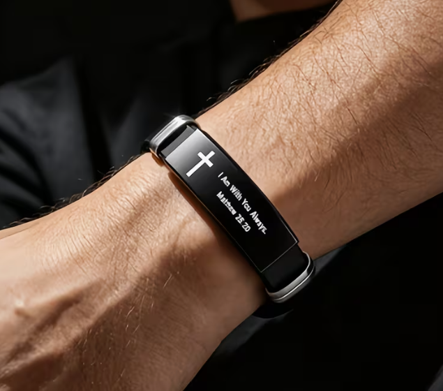 Men's Scripture Bracelet, Stainless Steel Cross Plate on Black Silicone Band