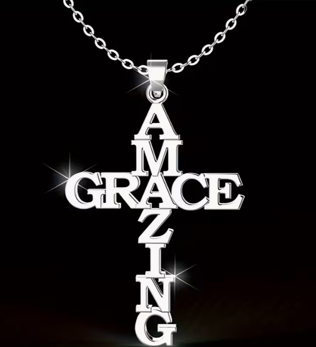 Amazing Grace Cross Necklace, Stainless Steel Word Art Pendant, 18 Inch Chain