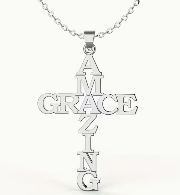 Amazing Grace Cross Necklace, Stainless Steel Word Art Pendant, 18 Inch Chain