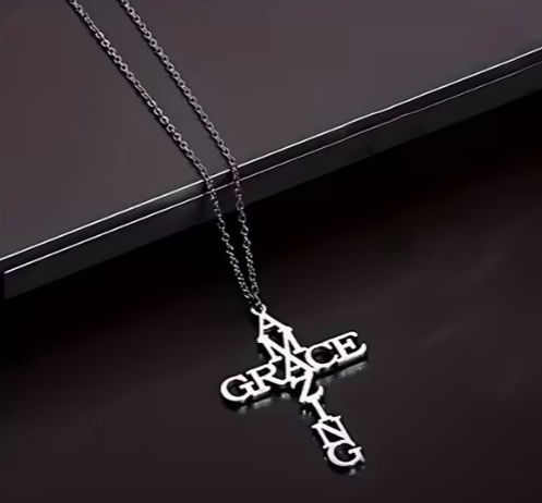 Amazing Grace Cross Necklace, Stainless Steel Word Art Pendant, 18 Inch Chain
