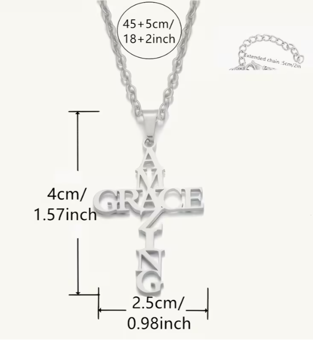 Amazing Grace Cross Necklace, Stainless Steel Word Art Pendant, 18 Inch Chain