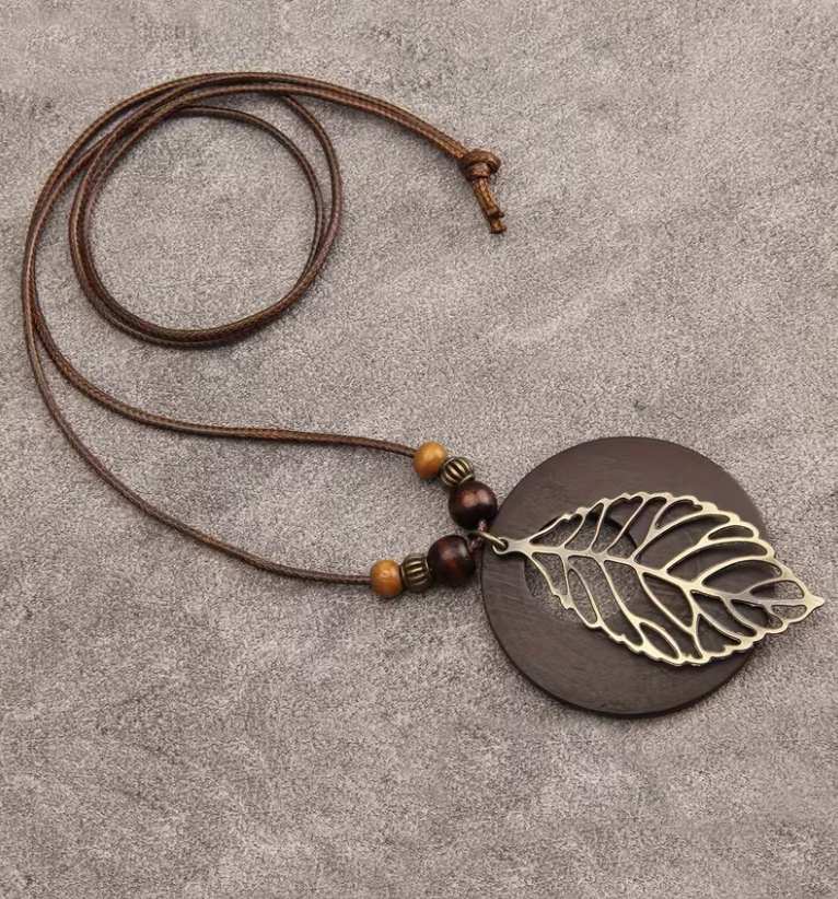 Wooden Disc Pendant Necklace with Antique Gold Leaf, Long Leather Cord