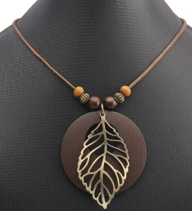 Wooden Disc Pendant Necklace with Antique Gold Leaf, Long Leather Cord