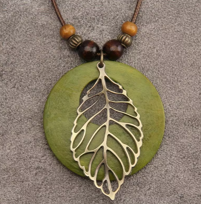Wooden Disc Pendant Necklace with Antique Gold Leaf, Long Leather Cord