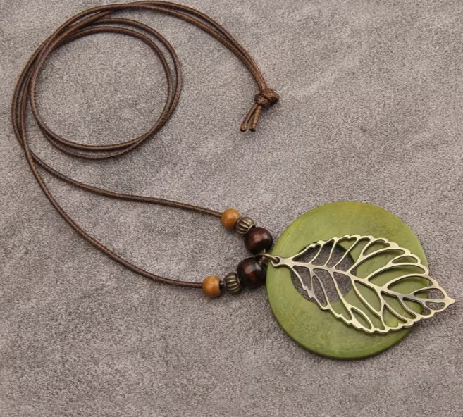 Wooden Disc Pendant Necklace with Antique Gold Leaf, Long Leather Cord